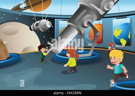 Eine Vektor-Illustration der glückliche Kinder auf Exkursion in ein planetarium Stock Vektor