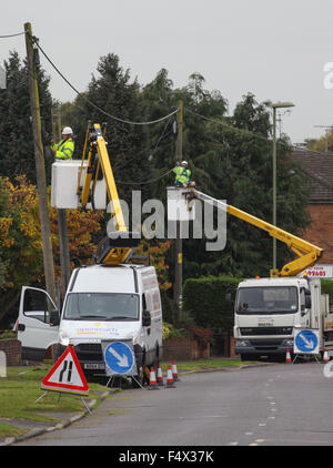 BT die Ingenieure Aktualisierung Telefonleitungen auf Telegrafenmasten Stockfoto