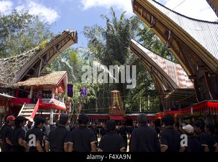 TANA TORAJA, Indonesien: Menschen in Schwarz bei einer Trauerfeier in Sulawesi, mit den traditionellen Toraja-Häusern Stockfoto