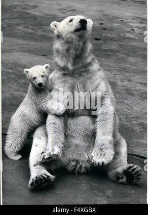1968 - Eisbär Baby im Nürnberger Zoo. " Thickskinned'' ...auch eine Eisbär-Mutter sein muss, wenn sie eine unruhige und zärtliche Cub wie hier hat. Aber, Coursem Mutter Alma ist sehr stolz auf ihr Baby - und damit sind alle Mühen und Anstrengungen vergessen. Der Eisbär-Kind geboren am Ende des vergangenen Jahres im Nürnberger Zoo (Bundesrepublik Deutschland). Es wurde von Alma selbst, im Land, um die Nutzung dieser Eisbär Jungtiere geboren in zoologischen Gärten die Flasche meist pflegte. Der kleine, bis jetzt, anonym ist der Favorit, nicht nur für seine Mutter, sondern auch für die Besucher des Nürnberger Zoos (Credit-Bild: Stockfoto