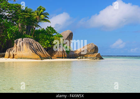 Source d ' Argent Strand, Felsen und Palmen Bäume, La Digue Island, Seychellen Stockfoto