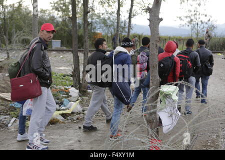 Idomeni, Griechenland. 23. Oktober 2015. Eine Gruppe von Flüchtlingen überquert die Grenze zu Mazedonien. Tausende Flüchtlinge überqueren die Grenze zwischen Griechenland und Mazedonien täglich um die kleine griechische Stadt Idomeni, trotz der sich verschlechternde Wetter und starkem Regen. Hier nehmen sie einen kurzen Stopp für einige Vorräte und warten ihrerseits auf die Grenze zu überqueren. Bildnachweis: Michael Debets/Pacific Press/Alamy Live-Nachrichten Stockfoto