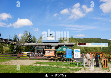 Personen mit Seilbahn bis Czarna Gora (schwarzer Berg) im Skigebiet im Snieznicki Park Stobrawski im Sommer. Glatz-Polen Stockfoto