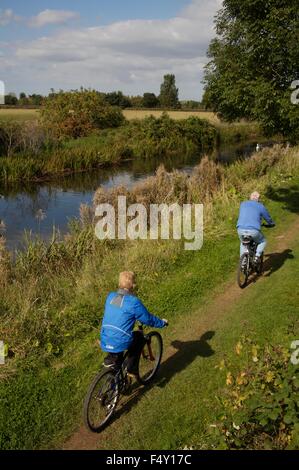 Radfahrer am Leinpfad von Bridgewater & Taunton Kanal, Somerset Stockfoto