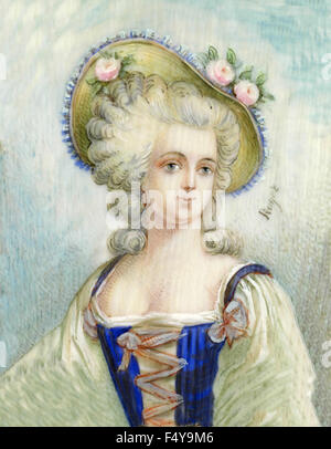 Hüte und Kleider der französischen Mode von 1700 Stockfoto