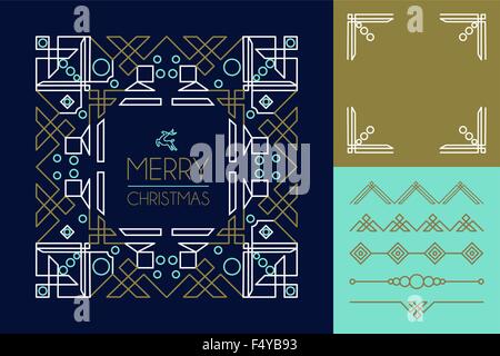 Frohe Weihnachten mono Line setzen von Rahmen und Schriftzüge Elemente in abstrakter Art-deco-Stil. Ideal für die Herstellung Ihrer eigenen Xmas-Karte Stock Vektor