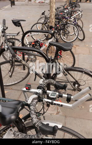 Massive Anzahl von Fahrrädern auf Bäumen Gestellen in Mitte der Steinplatten Pflaster Trafalgar Square Postoffice angekettet Stockfoto