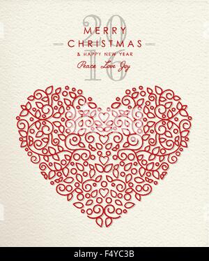 Frohe Weihnachten Frohes neues Jahr 2016 Herzform in Ornament umreißen Stil, Ferien-Liebe-Design. Ideal für Weihnachts-Grußkarte. Stock Vektor