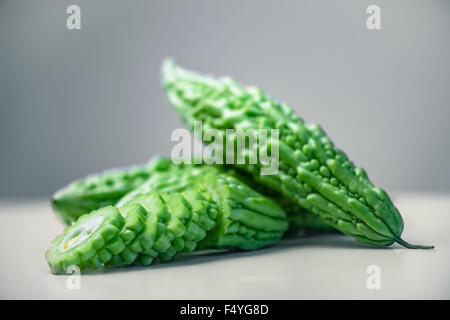 Karela bittere Melone Caraili Studio schließen auf grauem Hintergrund Stockfoto