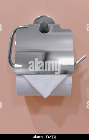 Einzelnes weiße WC-Papier Rollen metallischen Spender an der Wand montiert Stockfoto