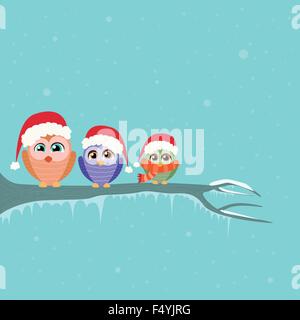Weihnachten-Eule auf Baum Zweig Winter sitzen Stock Vektor