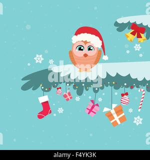 Weihnachten-Eule auf Baum Zweig Winter sitzen Stock Vektor
