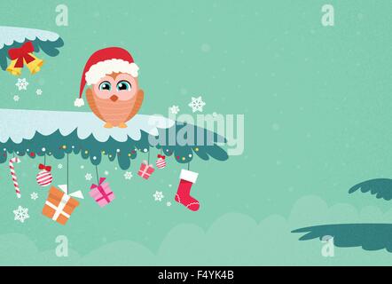 Weihnachten-Eule auf Baum Zweig Winter sitzen Stock Vektor