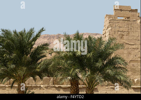 Ansicht des Reliefs auf den ersten Pylon am Tempel des Pharao Ramses III, Medinet Habu, West Bank, Luxor, Ägypten Stockfoto