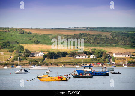 Angelboote/Fischerboote vertäut an der Mündung der Fluss Teifi in der Nähe von St. Dogmaels, Pembrokeshire, Wales UK Stockfoto