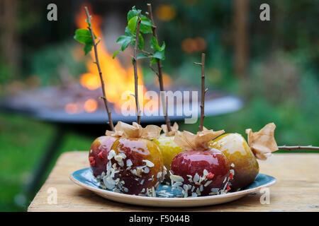 Toffee Äpfel und ein Lagerfeuer im Hintergrund Stockfoto