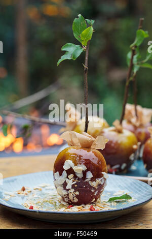 Toffee Äpfel und ein Lagerfeuer im Hintergrund Stockfoto