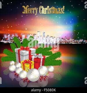 Abstrakte Weihnachten rosa Vektor-Illustration mit Silhouette der Stadt und Geschenke Stock Vektor