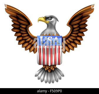 American Eagle Design mit Weißkopfseeadler der Vereinigten Staaten mit der amerikanischen Flagge Schild Lektüre USA Stockfoto