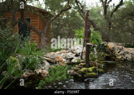 Das Wasser fließt aus einem altmodischen Pumpe in einem Zierteich neben einer Hütte im Wald Stockfoto