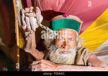 Shiva sadhu von juna akhara, heiliger Mann, üben urdha Tapa, heben ohne Arm für viele Jahre für spirituelle Grund in seinem Zelt Stockfoto