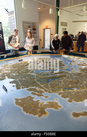 Touristen auf der Suche auf einer Karte von Mount Desert Island, Acadia National Park Visitor Center, Maine, USA Stockfoto