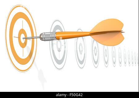 Dart Pfeil Zentrum von Orange Ziel zu treffen. Horizontalen Reihe von grauen Ziele. Stockfoto