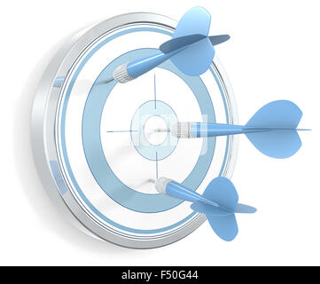 Dartscheibe mit 3 Dart-Pfeile an Wand. Blau und Metall. Stockfoto