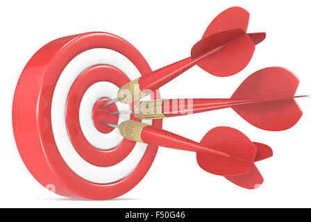 Rote und weiße Dartscheibe mit 3 roten Dart-Pfeile. Stockfoto