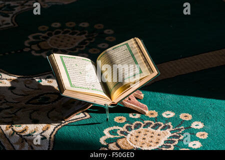 Das heilige Buch des Islam, der Koran, Qu'ran, ist geöffnet in einem Rack steht auf einem grünen Teppich innerhalb des Sidi zu lesen saiyyed Moschee Stockfoto