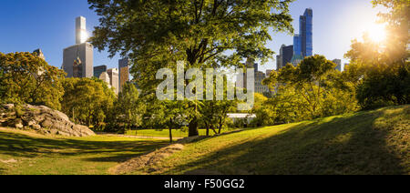 Am Nachmittag Panoramablick auf Central Park im Sommer mit Wolkenkratzern von Manhattan, New York City Stockfoto