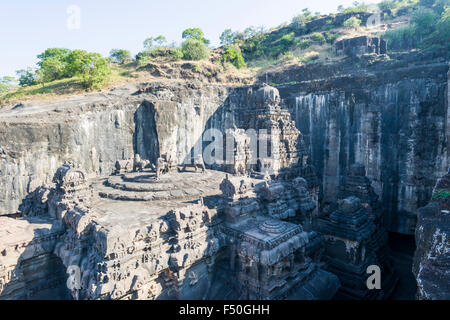 Detail der Höhle 16, der kailashanatha Höhle, in der zum UNESCO-Weltkulturerbe ellora. Alle die Tempel aus dem Vollen geschnitzt werden Stockfoto