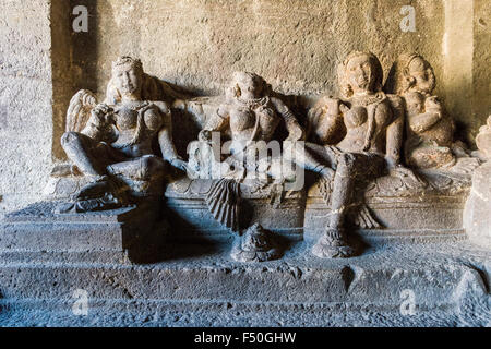 Detail der Höhle 16, der kailashanatha Höhle, in der zum UNESCO-Weltkulturerbe ellora. Alle die Tempel aus dem Vollen geschnitzt werden Stockfoto