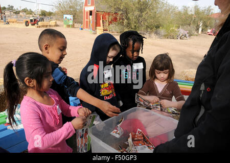 Studenten erfahren Sie mehr über Regenwürmer in Tucson Bauernhof, Tucson, Arizona, USA. Stockfoto