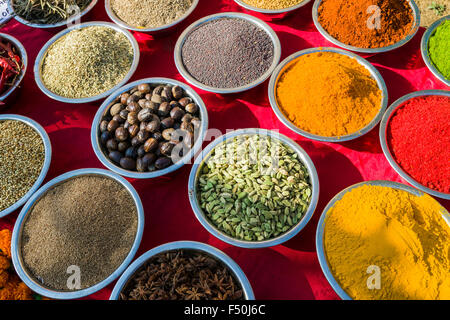 Viele verschiedene Güter wie typische indische Gewürze und Curries sind in Beuteln zum Verkauf präsentiert bei der wöchentlichen Flohmarkt Stockfoto