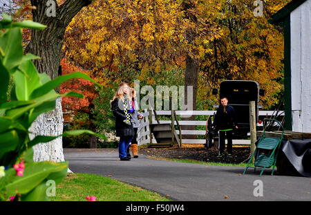 Lancaster, Pennsylvania: Besucher im Amish-Farm and House Museum mit brillanten Herbstlaub Stockfoto