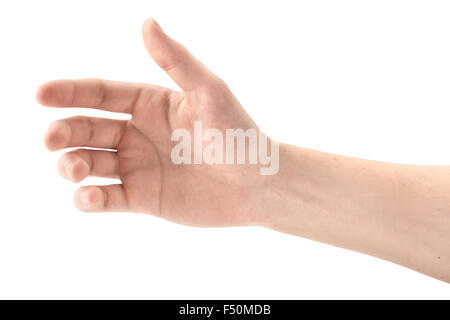 Die Geste der eine Hand mit einem Telefon auf weißem Hintergrund, isoliert Stockfoto