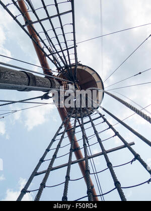 Turm und Takelage auf Mayflower II; Nachbildung des Schiffes aus dem 17. Jahrhundert gefeiert für den Transport von den Pilgern in die neue Welt. Stockfoto