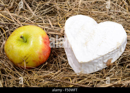 Französisch Neufchatel Käse herzförmig, mit einem Apfel auf Stroh Stockfoto