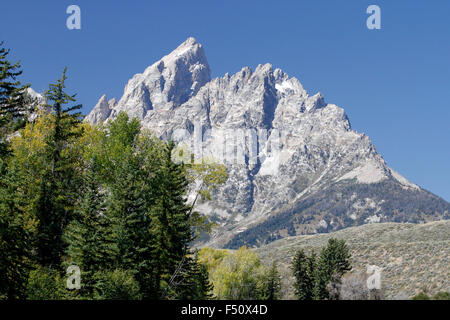 Grand Teton aus dem Snake River Stockfoto