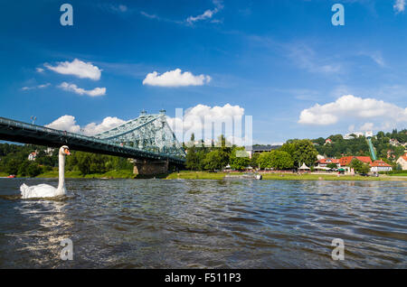 Das Blaue Wunder Brücke über die Elbe, Gemeinde Loschwitz auf der anderen Seite Stockfoto