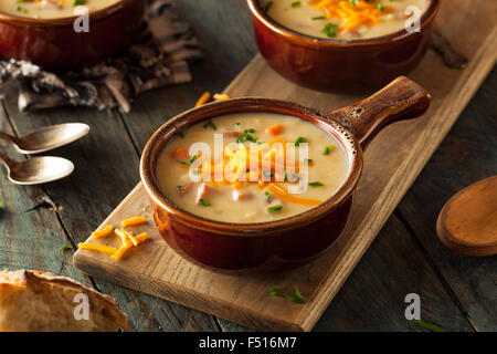 Hausgemachtes Bier-Käse-Suppe mit Schnittlauch und Brot Stockfoto