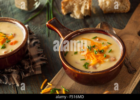 Hausgemachtes Bier-Käse-Suppe mit Schnittlauch und Brot Stockfoto