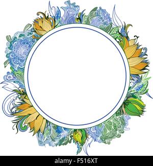 Kreis-Rahmen mit Pfingstrose, Lotus und Lilie Blumen in grünen, gelben und blauen Farben auf weißem Hintergrund Stock Vektor