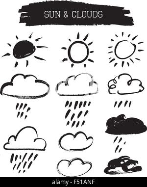 Doodle-Grunge-Sonne und Wolken Stock Vektor