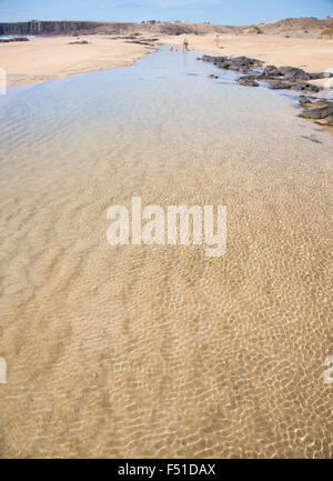 Fuerteventura, Kanarische Inseln, Strand Playa del Castillo neben Dorf El Cotillo, temporäre Lagune am Strand Stockfoto