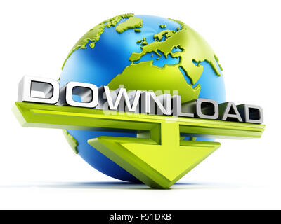 Download Text und Pfeil vor der ganzen Welt isoliert auf weißem Hintergrund Stockfoto