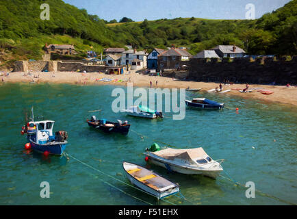 Boote im Hafen Polkerris Cornwall England Vereinigtes Königreich auf einen schönen Sommer Tag Illustration wie Ölgemälde Stockfoto