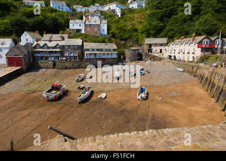 Clovelly Harbour Devon England UK schönen Küste Dorf und Hafen Öl Malerei illustration Stockfoto