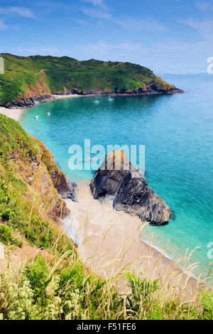 Lantic Bay Cornwall England nahe Fowey und Polruan abgeschieden mit türkis-blauen Meer Illustration wie Ölgemälde Stockfoto